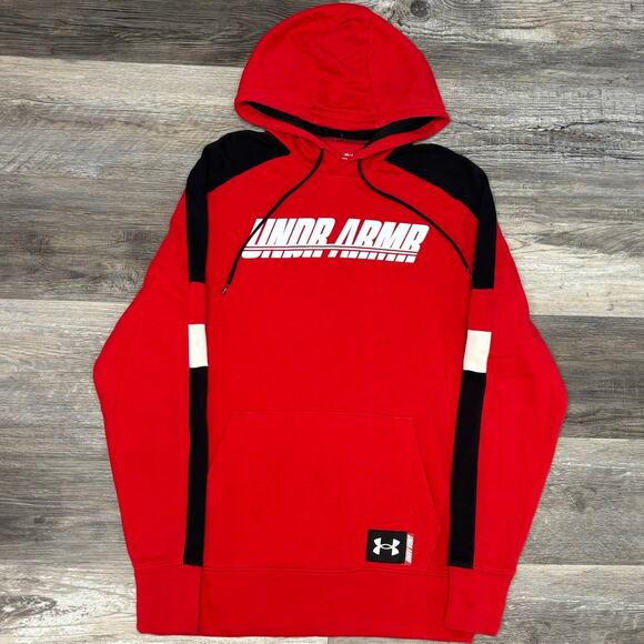 Under Armour Baseline Fleece Red Black Mens S Loose‎ Spell Out Pullover Hoodie - Picture 1 of 11